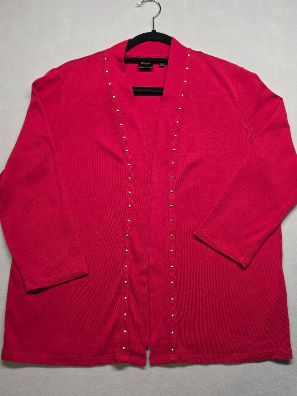 Rafaella Red 100% Cotton Studded Open Front Cardigan Sweater 3/4 Sleeve Size L